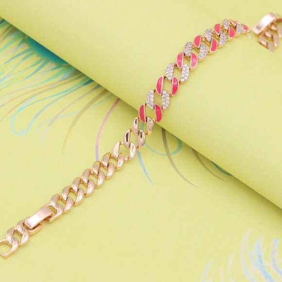 Rose Gold Bracelet with Red Enamel and Crystal Pave Links, XPBL0728 - Picture 7 of 12